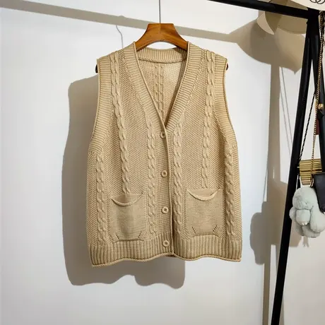 针织马甲开衫女春秋新款法式复古设计感小众宽松口袋毛线背心外套图片