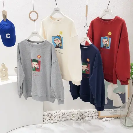 新年款上衣ins油画风搞怪卡通原宿港风印花加绒卫衣宽松大码休闲商品大图