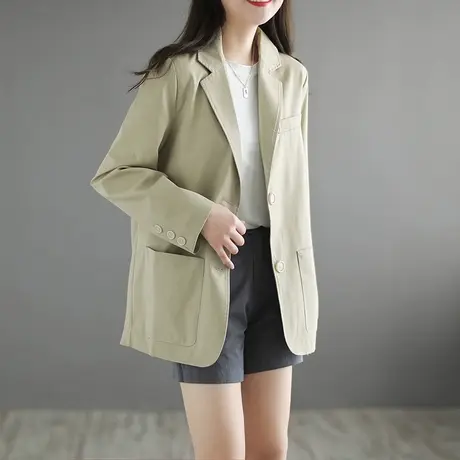 枫谜2021年春装新款文艺简约纯棉西装领外套女宽松显瘦休闲上衣图片