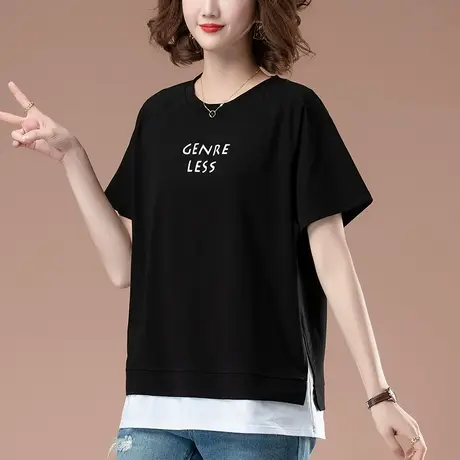 短袖t恤女圆领夏季加肥加大码女装宽松全棉休闲体恤百搭遮肚显瘦商品大图
