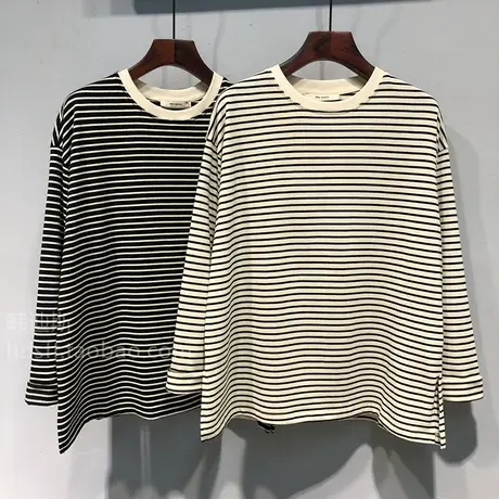 2023秋装 韩国新款双侧开叉韩版宽松圆领横条纹长袖T恤打底上衣女商品大图