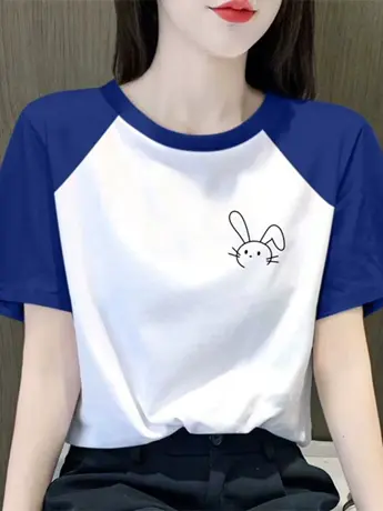 仿棉正肩短袖t恤女2023新款夏季小众设计感撞色洋气减龄显瘦上衣图片