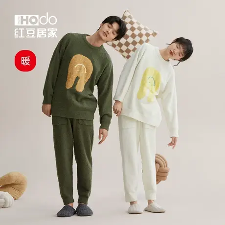 红豆情侣睡衣女秋冬季半边绒加厚家居服男士可外穿套头珊瑚绒套装商品大图