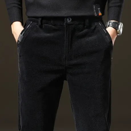 冬季黑色加厚保暖裤灯芯绒裤子男士休闲长裤直筒宽松外穿中年爸爸图片