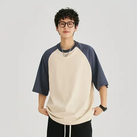 男士美式插肩t恤男潮牌短袖男款夏季2023年新款纯色上衣重磅体恤商品大图