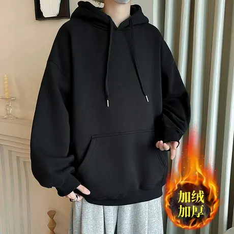 秋冬季连帽套头卫衣男保暖加绒加厚青少年学生潮流潮牌宽松上衣服商品大图