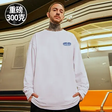大码男装重磅300g简约纯棉长袖t恤男街头潮牌宽松百搭白色打底衫商品大图
