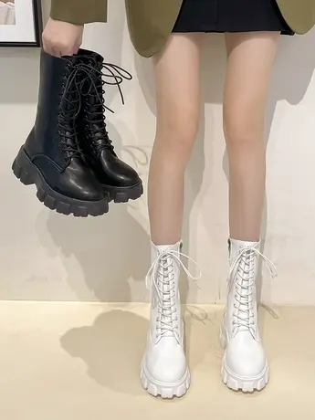 小个子增高马丁靴英伦风高帮女鞋2023春秋季厚底单靴黑色中筒靴子图片