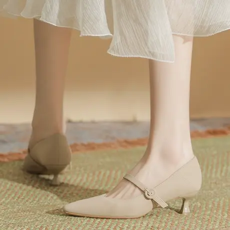 2024年春夏季新款高跟鞋女细跟法式气质尖头浅口一字带仙女风单鞋商品大图