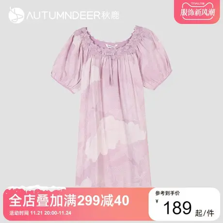 秋鹿梭织纯棉睡裙女夏简约圆领印花短袖连衣裙休闲中长款女裙2022图片