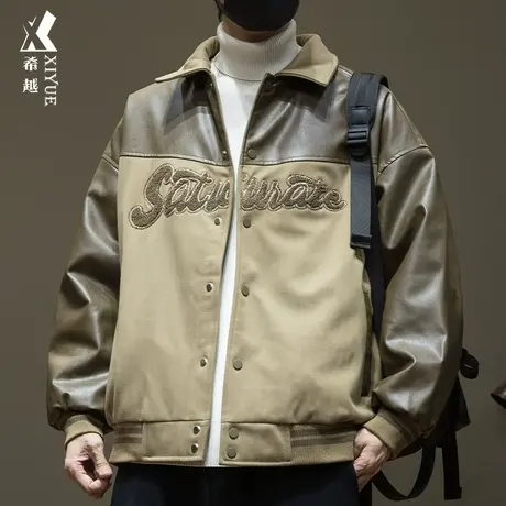 美式PU皮拼接翻领棉衣男2023秋冬季宽松大码潮牌痞帅男士皮衣外套图片