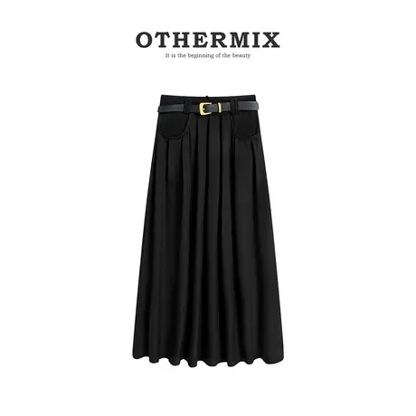 othermix 【送腰带】新款半身裙女中长款高腰显瘦垂感A字裙半截裙图片