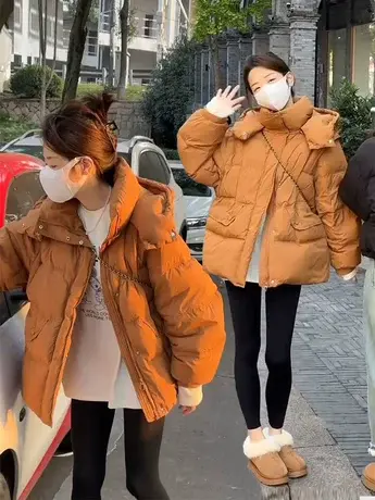 韩国复古中长款连帽羽绒服女冬季抽绳收腰加厚保暖白鸭绒休闲外套图片