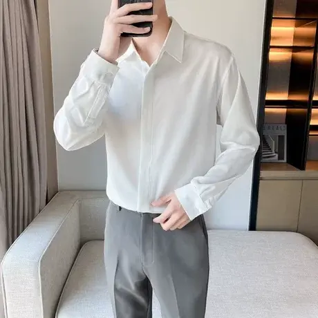 轻熟风暗扣白衬衫男高级感宽松长袖西服内搭衬衣日系cityboy寸衫商品大图