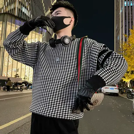 高级感千鸟格针织毛衣冬季2023小香风内搭加厚轻熟风圆领格子线衣商品大图