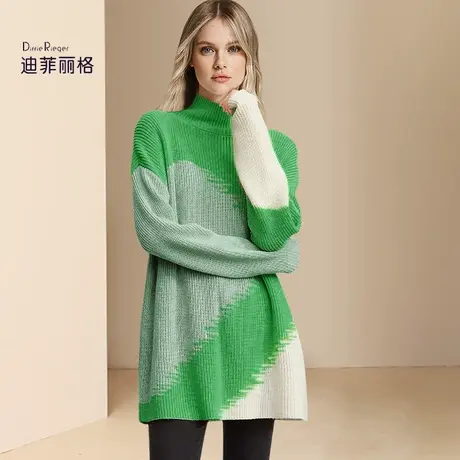 迪菲丽格慵懒风撞色拼接毛衣连衣裙女2024春季新款半高领针织裙子图片