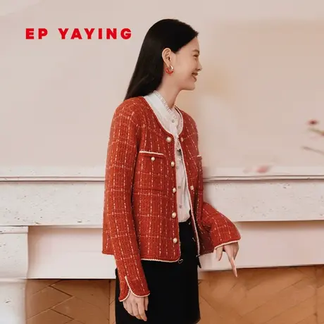 EP雅莹女装 红色小香风美利奴羊毛粗花呢针织外套 2023新款9141A商品大图