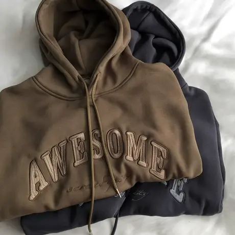 字母加绒加厚连帽衫卫衣女简约套头休闲保暖厚款外套百搭上衣冬季商品大图