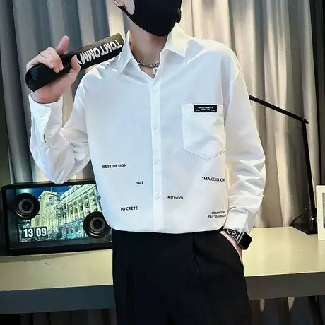 男春秋季宽松休闲韩版上衣字母印花高级感发型师衬衣个性长袖衬衫图片