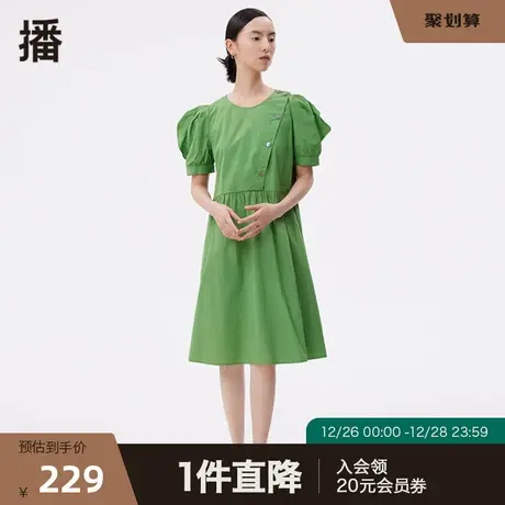 播秋季新款简约圆领斜襟抽褶拼接娃娃裙连衣裙女DDP4LD4697图片
