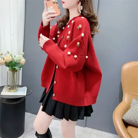 设计感立体球球过年红色毛衣开衫女秋冬2023年新款宽松氛围感外套商品大图