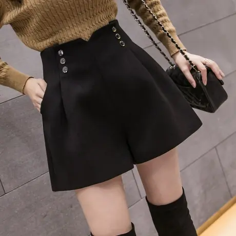 黑色短裤女春季2024新款宽松大码高腰打底毛呢a字阔腿裤靴裤外穿图片