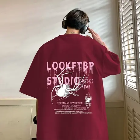 2024夏季新款纯棉短袖t恤男oversize宽松潮流蜘蛛印花半袖体恤衫商品大图