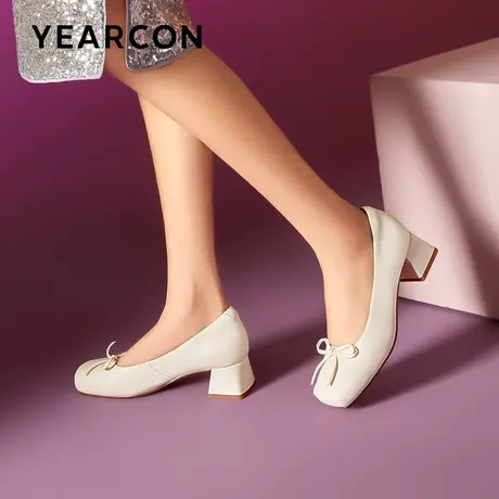 意尔康真皮芭蕾单鞋女方头粗跟浅口高跟鞋2024春季商场通勤职场鞋图片