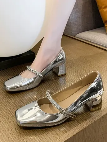 高级感法式水钻中跟玛丽珍单鞋女2024新款春秋方头粗跟高跟鞋黑色图片