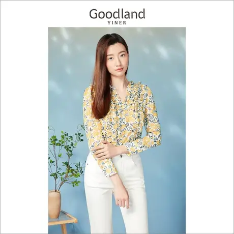 Goodland女装2023春季设计感小众荷叶边V领衬衫上衣商品大图