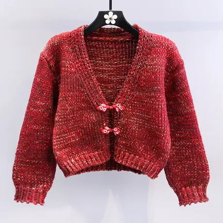 国风盘扣过年红色毛衣外套女冬季2024新款宽松设计感洋气针织开衫图片