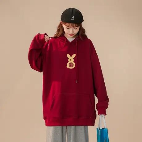 2024新款国潮兔年本命年卫衣女秋冬加绒加厚ins潮牌宽松连帽外套图片