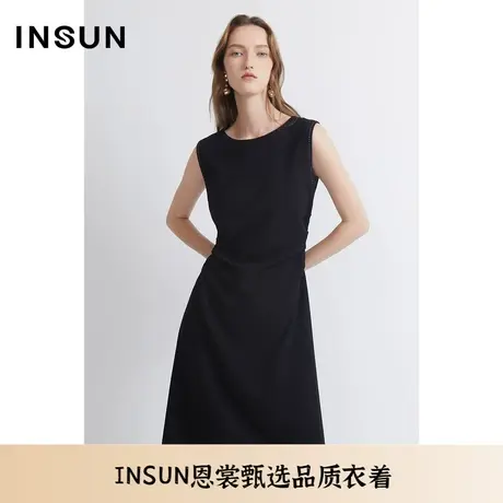 INSUN恩裳夏季褶皱收腰百搭黑色醋酸连衣裙图片