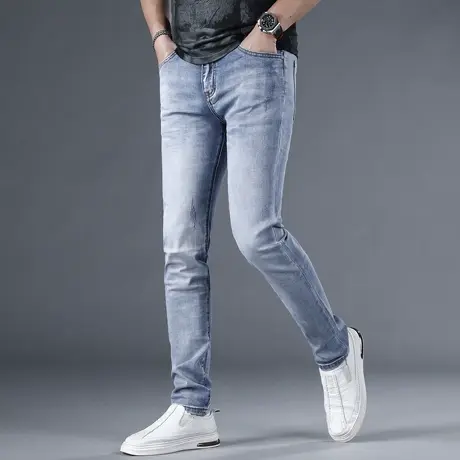 高端牛仔裤男款夏季2024新款修身小脚浅蓝色薄款弹力百搭男士裤子商品大图