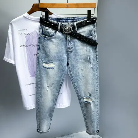 夏季新款浅色潮牌破洞牛仔裤男直筒宽松日系复古男9674-WEKA商品大图