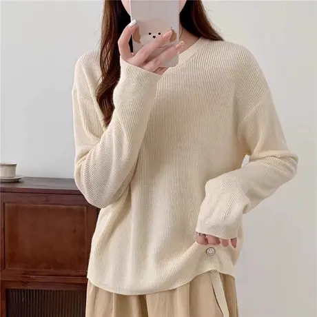 气质纯色圆领针织衫女春季2024年新款韩版宽松长袖内搭洋气上衣女商品大图