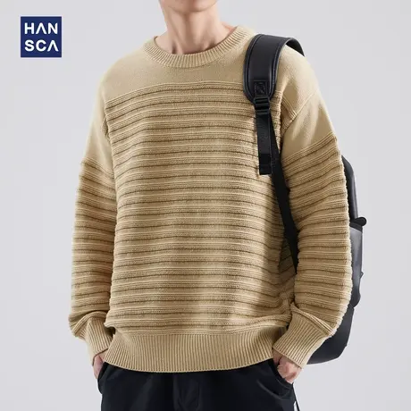 hansca韩版潮流条纹毛衣男士秋冬季简约针织落肩套头圆领保暖上衣商品大图