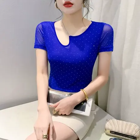 不规则链条网纱圆领打底衫短袖时尚拼接烫钻洋气上衣女修身T恤ins商品大图