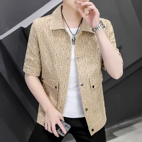 春夏季薄款休闲中袖外套潮流高级感男装痞帅上衣服韩版五分袖夹克商品大图