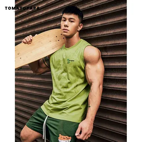 TOMATOPAPA背心23夏简约潮印花坎肩无袖体恤健身运动青年男生上衣商品大图