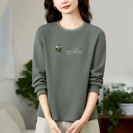 正肩圆领加绒卫衣女2023年秋冬新款时尚趣味绣字上衣宽松长袖t恤图片