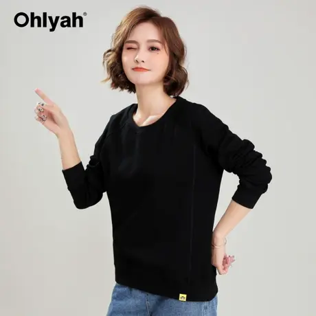 Ohlyah品牌 黑色卫衣女纯棉宽松套头圆领休闲运动打底衫长袖学生商品大图