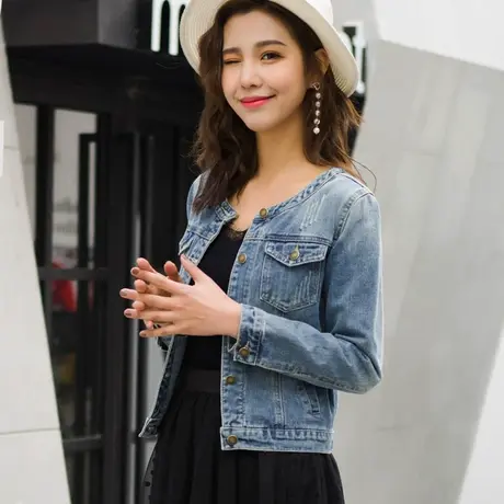 牛仔外套女短款修身韩版新款显瘦学生长袖春秋牛仔服上衣圆领大码商品大图