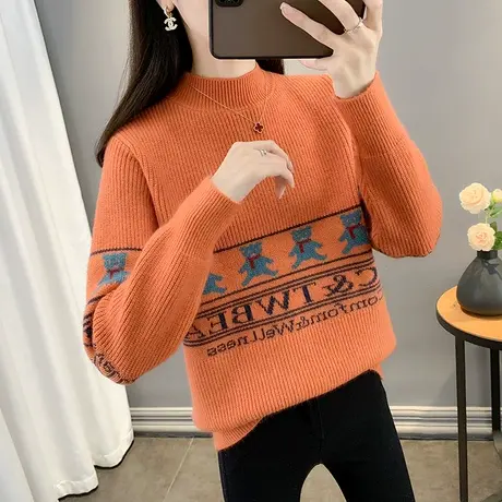 毛衣女2023年秋冬新款短款针织衫小熊宽松内搭加厚半高领打底衫女商品大图
