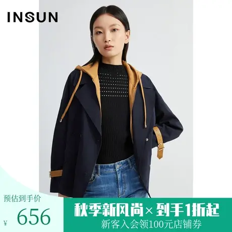 恩裳春秋季时尚撞色假两件廓形感飒爽棉质风衣短女图片