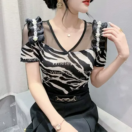 性感网纱V领短袖T恤女夏装时尚小衫花边钉珠上衣设计感斑马纹半袖商品大图