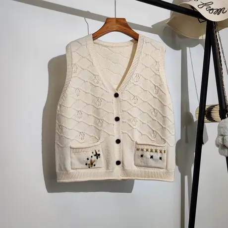 针织马甲开衫女春秋新款复古文艺宽松v领无袖坎肩毛线背心外穿潮商品大图