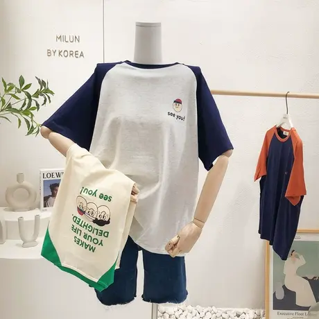 日系原宿风复古插肩袖上衣夏季新款ins学院风搞怪短袖T恤宽松大码商品大图