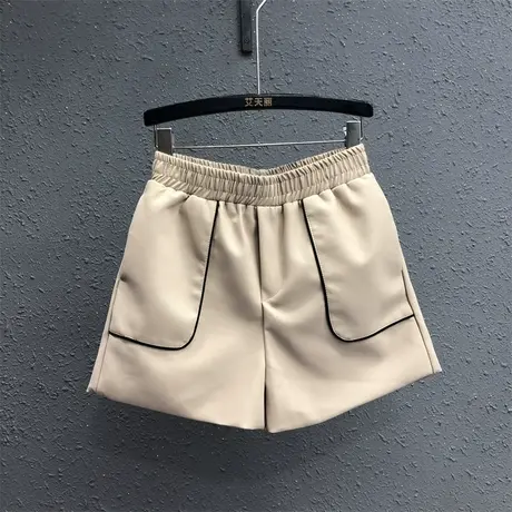 2023秋季新款松紧腰撞色口袋PU皮短裤女士百搭显瘦a字阔腿裤靴裤图片