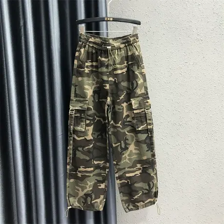 欧货迷彩色美式工装裤女2023秋季新款松紧腰抽绳设计感束脚直筒裤图片